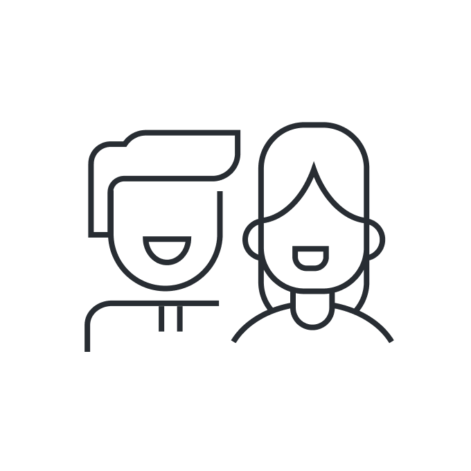 Two outline user avatars (a man and a woman) facing forward, symbolizing collaboration or conversation.