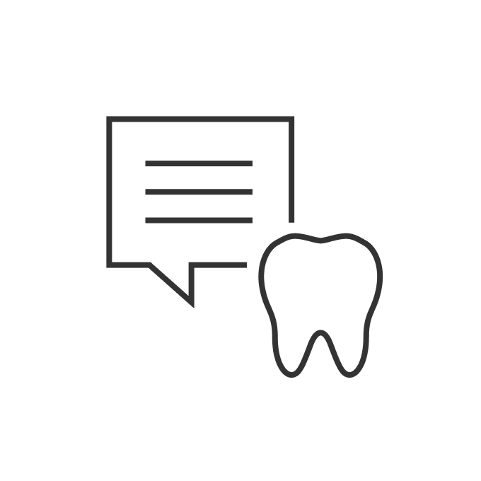 Outline speech bubble next to a tooth icon, representing dental chat or consultation.