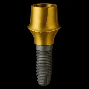 Dental implant with a gold-colored abutment against a black background, showing the screw-like post and touching crown area ready for restoration.